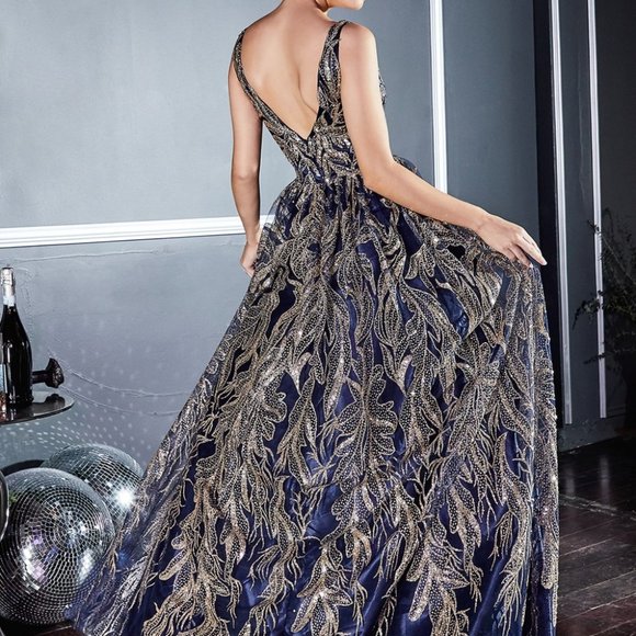 NEW SMOKEY BLUE FLORAL GLITTER PRINT Evening BALL EVENING PARTY GOWN Dress CD812 - Picture 3 of 7